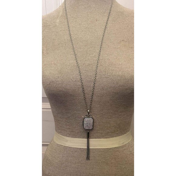 Chico's Silvertone Miracles Locket Crystal Jeweled Long 32" Rolo Chain Necklace - Picture 12 of 13